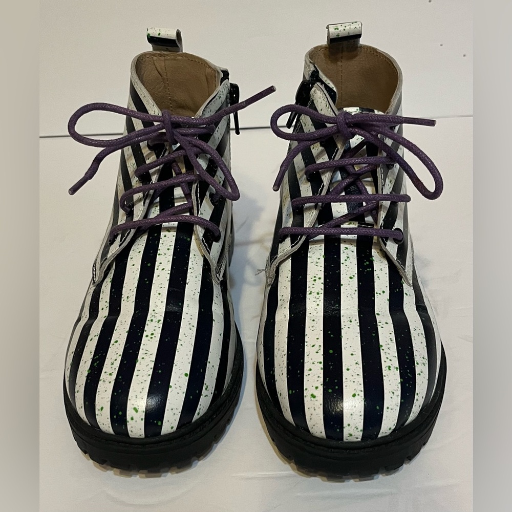 Beetlejuice Styled Striped Kids Boots with Purple Laces
